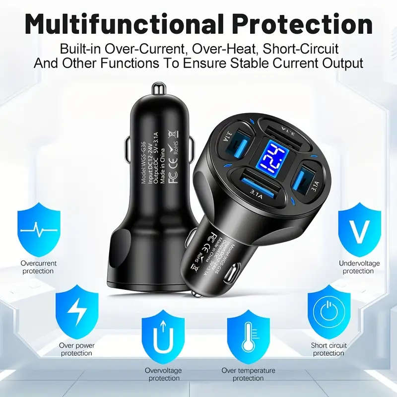 1pc 4in1 USB Car Charger 3.1A 4 Ports Fast Charger Adapter Car Charger Color sent randomly