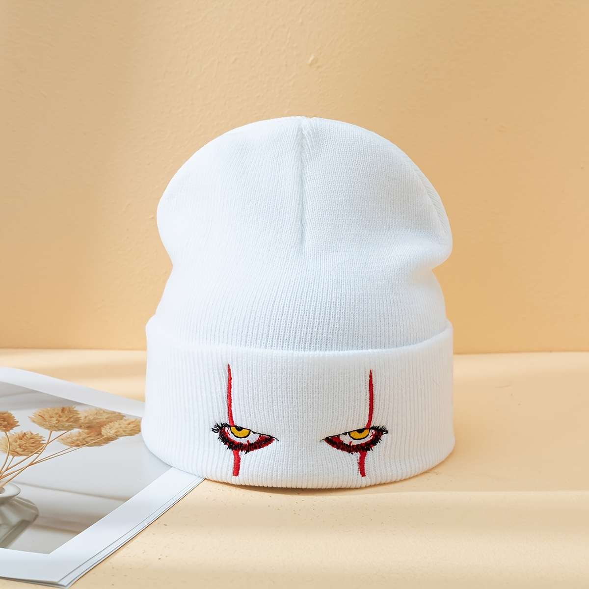 Trendy Devil'S Eye Embroidered Beanie Warm Acrylic Knit Winter Hat Lightweight Elastic Ma