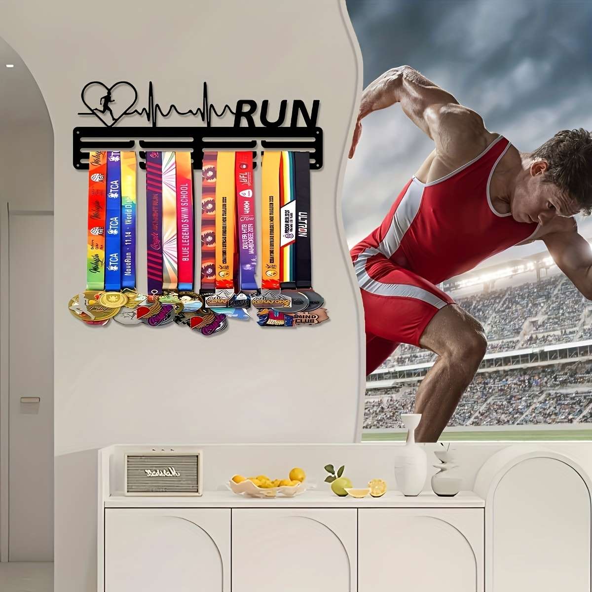 A black iron medal display stand with inspirational sentenceswall-mounted honor medal stand crea