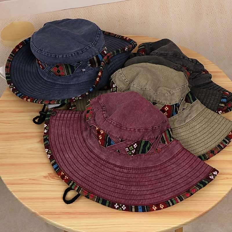 1pc Retro Denim Cowboy Hat with Adjustable Drawstring Lightweight Woven Outdoor Mountaineeri