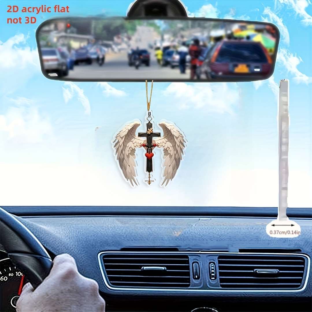 1pc 2D Flat   Acrylic Cross Pendant with Angel Wings Car Mirror Bag Keychain Accessory