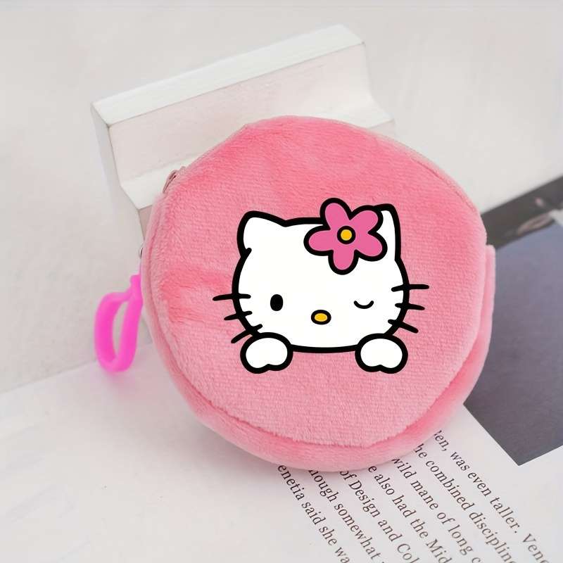 1pc Sanrio Hello Kitty Coin Pouch Round Zippered Purse Cute Plush Wallet Fashionable Keychain N