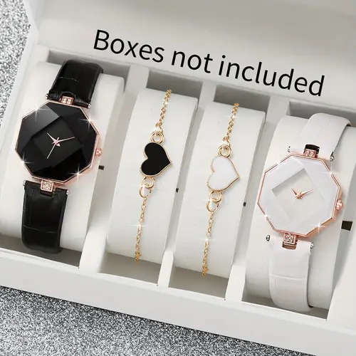 4pcs set Fashionable Women'S Quartz Wristwatch and Heart Charm Bracelet Set Round Alloy Case Faux Le