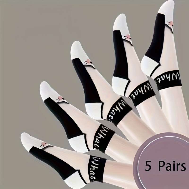 5 Pairs Black And White Cat A One Size High Elastic Socks