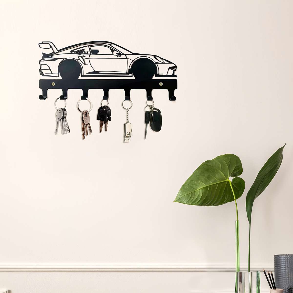 Black Metal Car Key Holder with 4 HooksStylish Sports Car Design for Keys Coats Towels Hats a