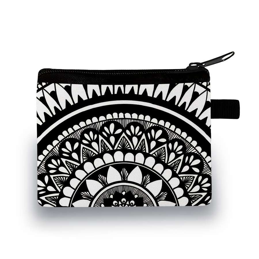 Stylish Mandala Print Zipper Pouch Lightweight Durable Polyester Coin Purse With Vibrant Flor