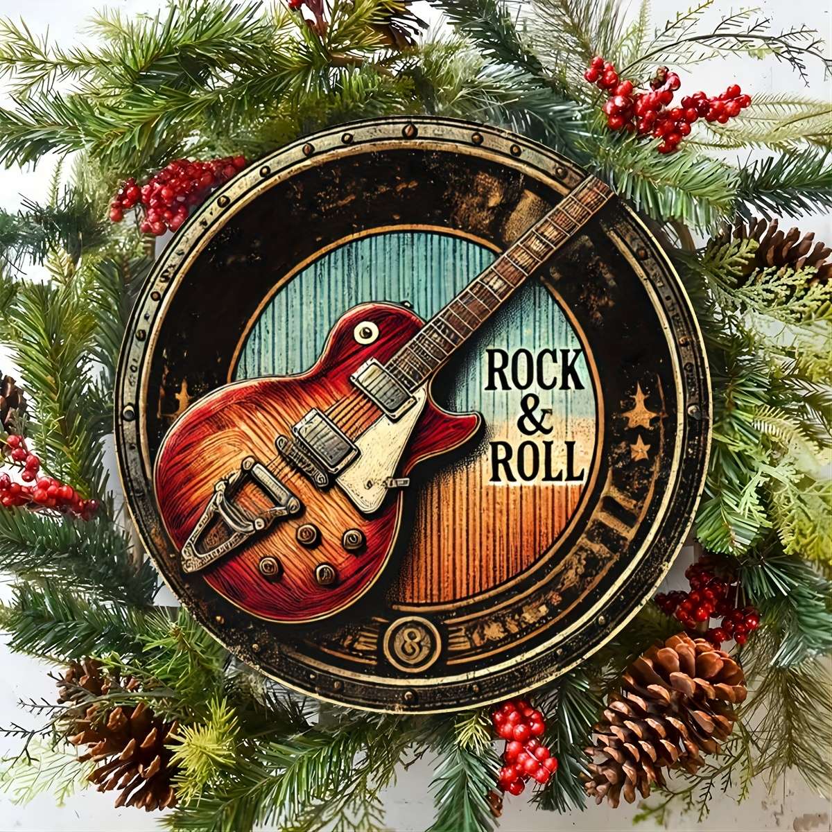 2D Flat Vintage Rock Roll Guitar Metal Wall Art Sign 20.32x20.32 cm Round Iron Decorative