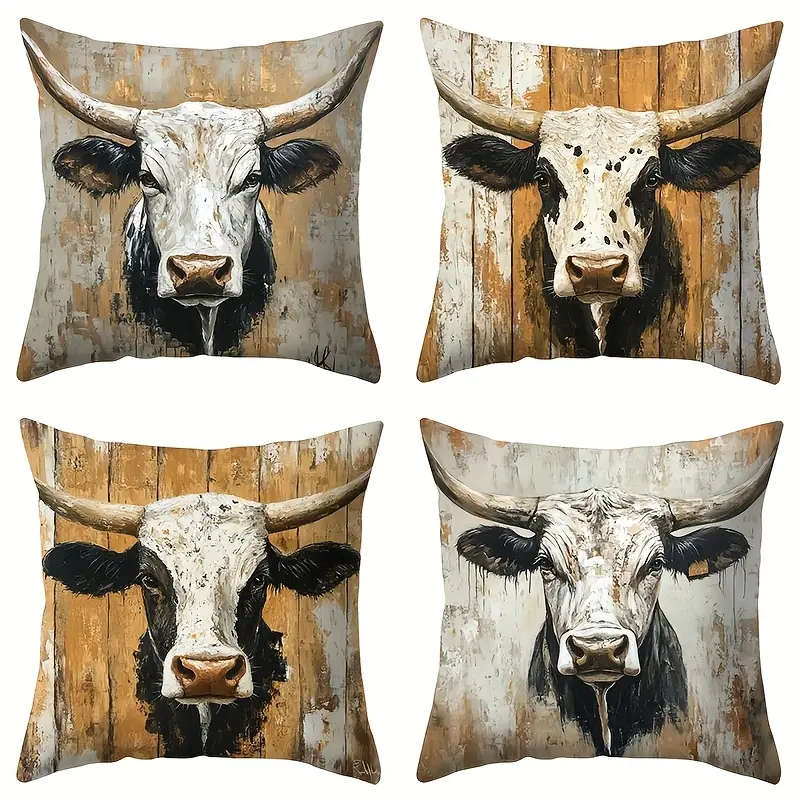 4 Piece Rustic Cow Print Throw Pillow Covers, 45cm x 45cm
