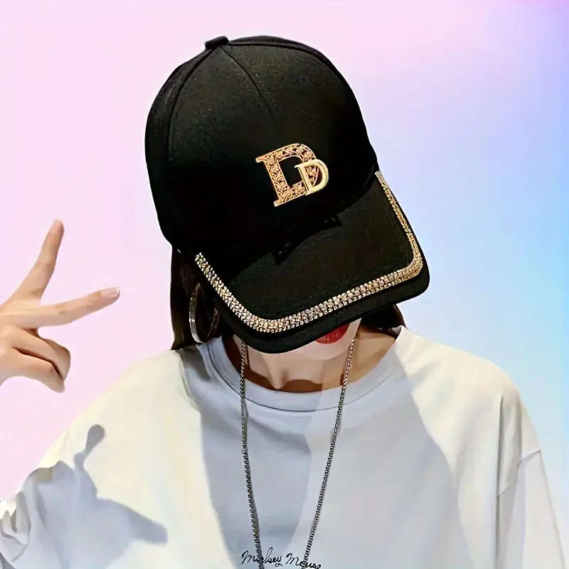Stylish Black Baseball Cap With Golden Letter D Rhinestone Trim Adjustable Toggle