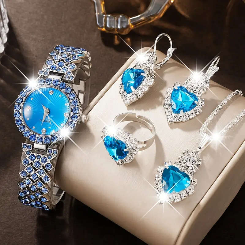 5pcs Elegant Women's Quartz Watch Heart-Shaped Gemstone Jewelry Set Glamorous Blue Crystal Wristwatc