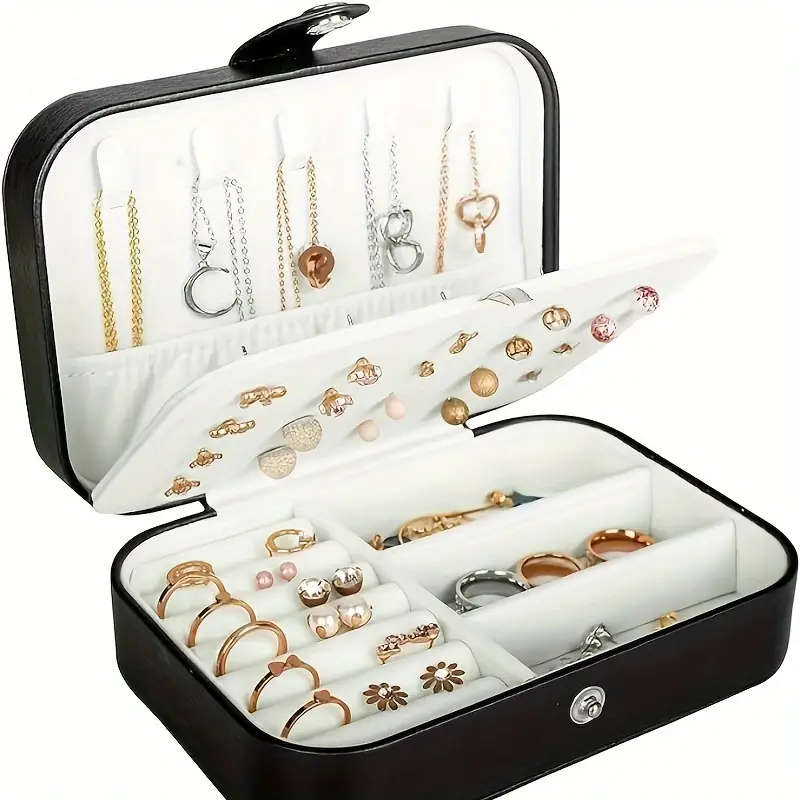 1pc Elegant Portable Faux Leather Jewelry Organizer Navy Blue Cream Double-Layered Travel Case with