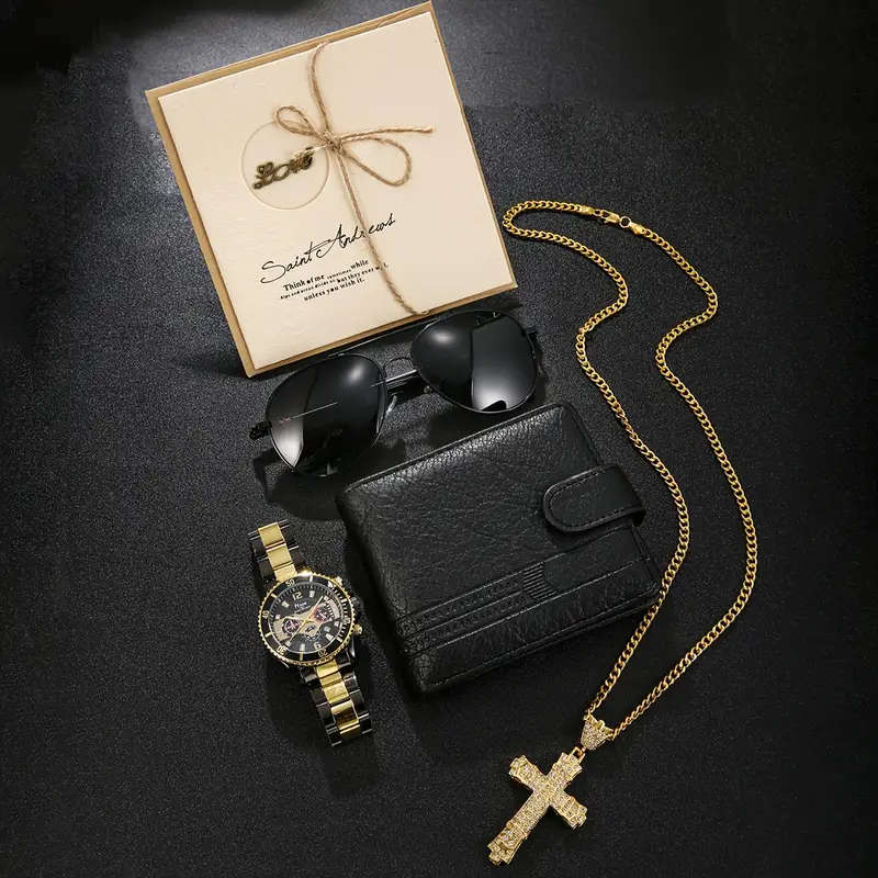 5pcs Men's Fashion Gift Set Stylish Glasses Wallet Watch Necklace Greeting Card Perfect Birthday Pre