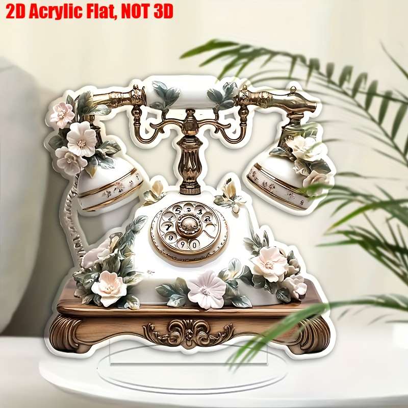 Bohemian Style 2D Flat Acrylic Wall Art Vintage Telephone With Flowers