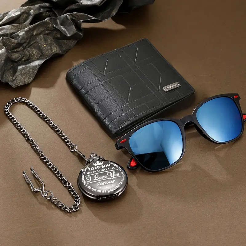 3pcs Vintage Elegance Gift Set Faux Leather Wallet Engraved Pocket Watch Glasses Ideal for Valentine