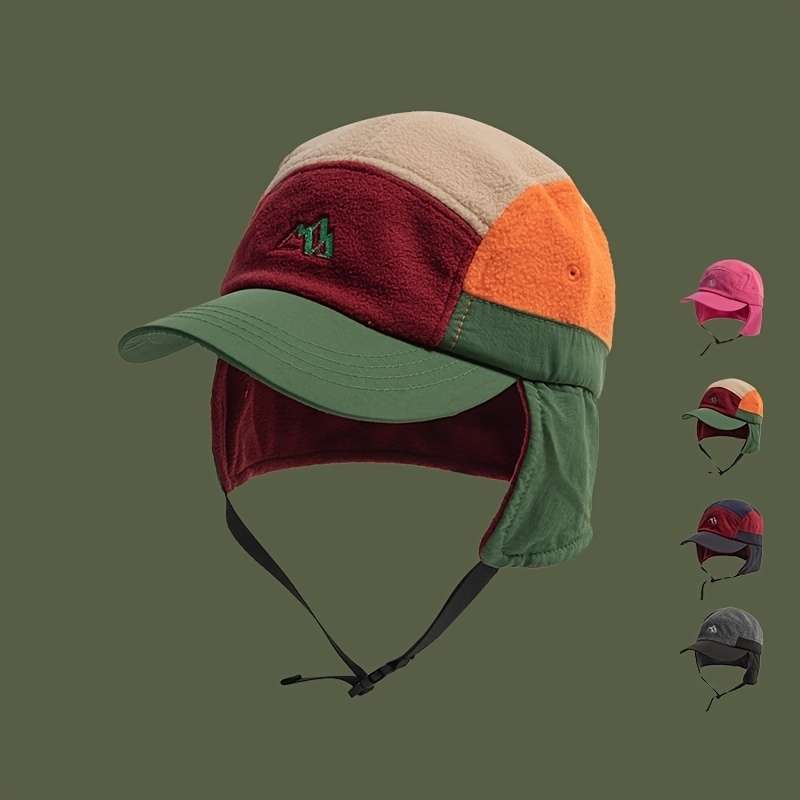 Color Block Fleece-Lined Winter Hat with Ear Flaps Warm Windproof Pilot Cap