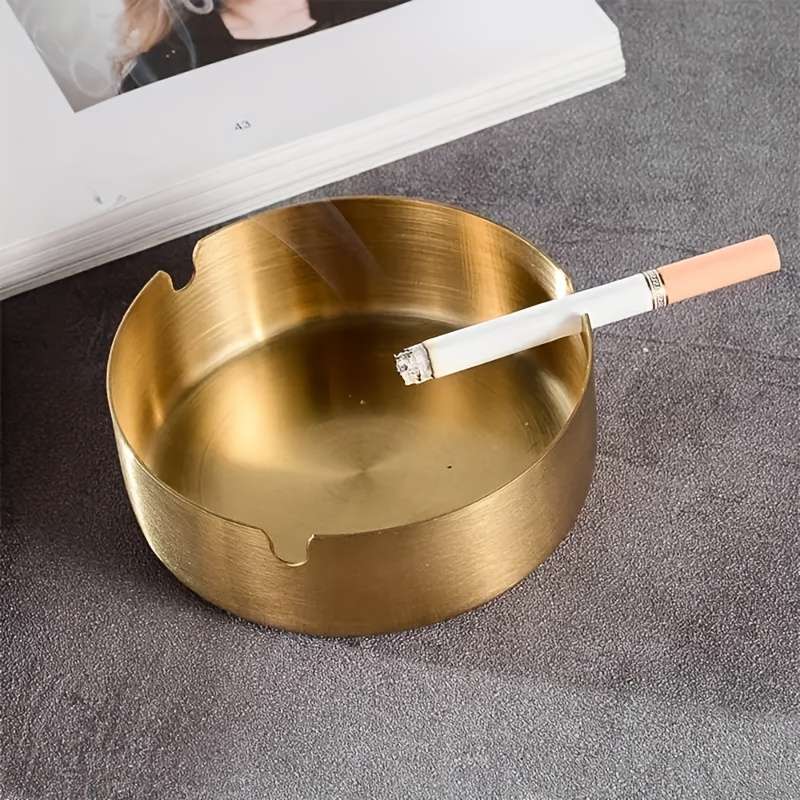 4pcs Elegant Gold-Tone Round Metal Ashtrays Durable Drop-Resistant Easy-Clean Design for Ho