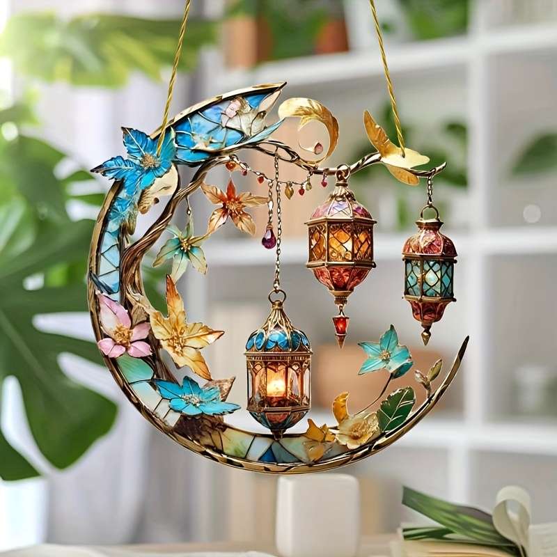 2D Flat Art Deco Acrylic Whimsical Moon Sun Catcher Hanging Decoration Vibrant Floral