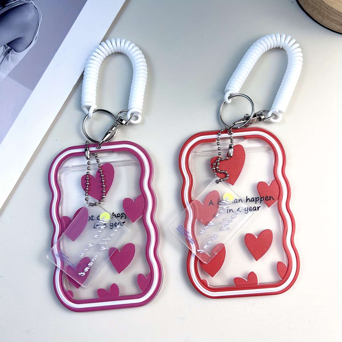 1pc TPU ID Card Holder with Love Text Pattern Portable Office Travel Card Case with Spring Lan