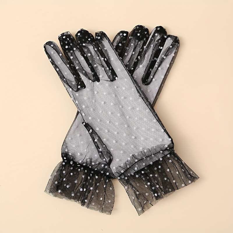 1 Pair Black Dots Black And White Lace Gloves