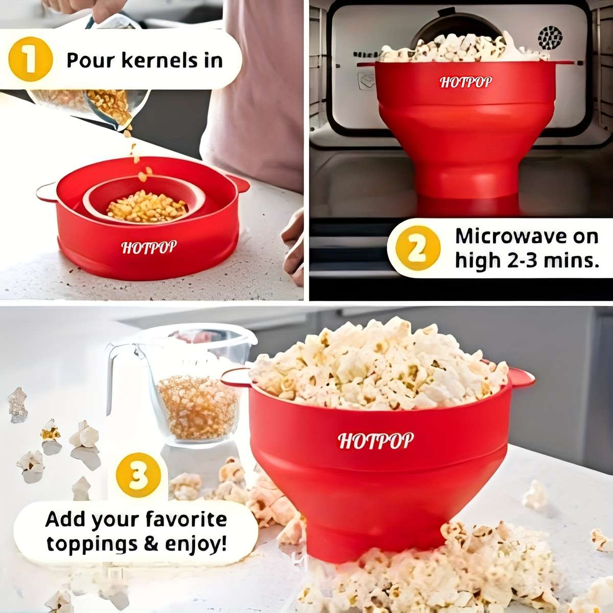 1set Microwave Popcorn Maker Popcorn Maker Foldable Bowl BPA Free and Dishwasher Safe 10 Colo