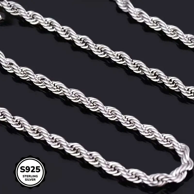 925 Sterling Silver Twisted Rope Necklace, Simple Hip-Hop Style, Shiny Basic Chain