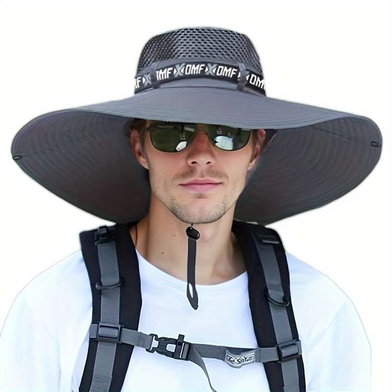 1pc Men's Summer Wide Brim Fishing Hat with UV Protection Breathable Adjustable Drawstring Soli