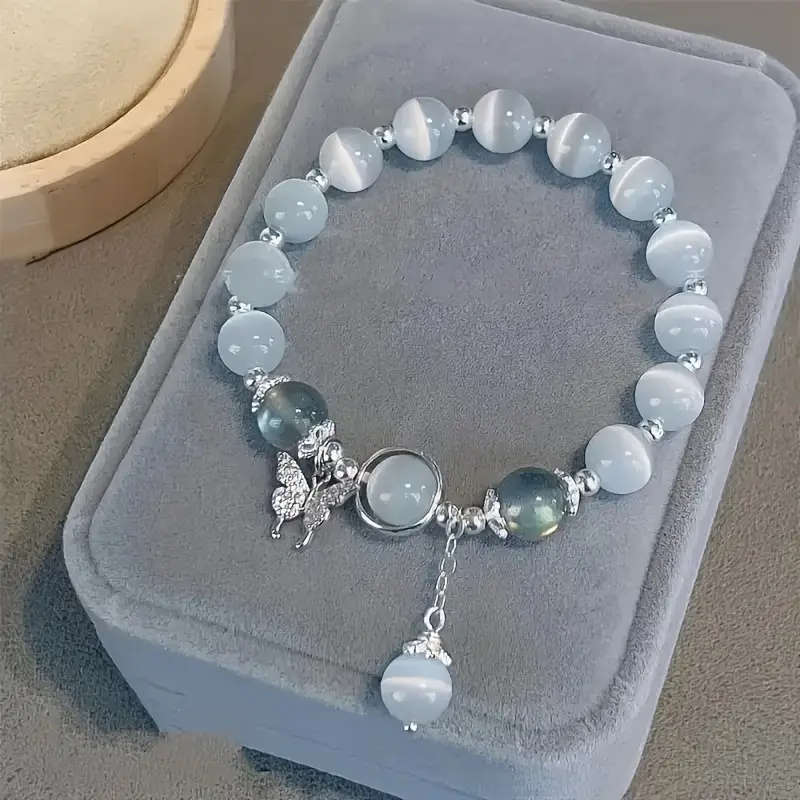Gray Moonlight Bead Bracelet with Butterfly Pendant