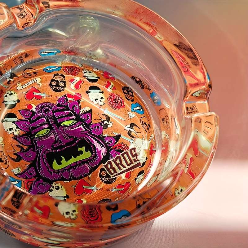 1pc Creative Patterned Glass Ashtray Round Transparent Design with Vibrant Monster Graffiti