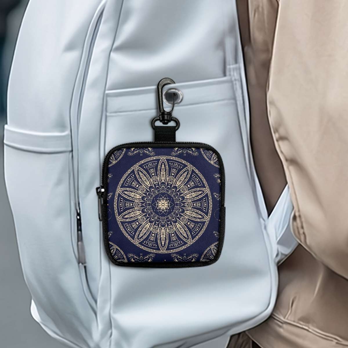 Mandala Flower Coin Purse With Hook Stylish Polyester Earphone Key Organizer Zippered Trav