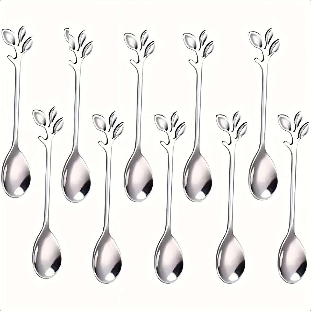 10Pcs Elegant Leaf Design Coffee Spoons Stainless Steel