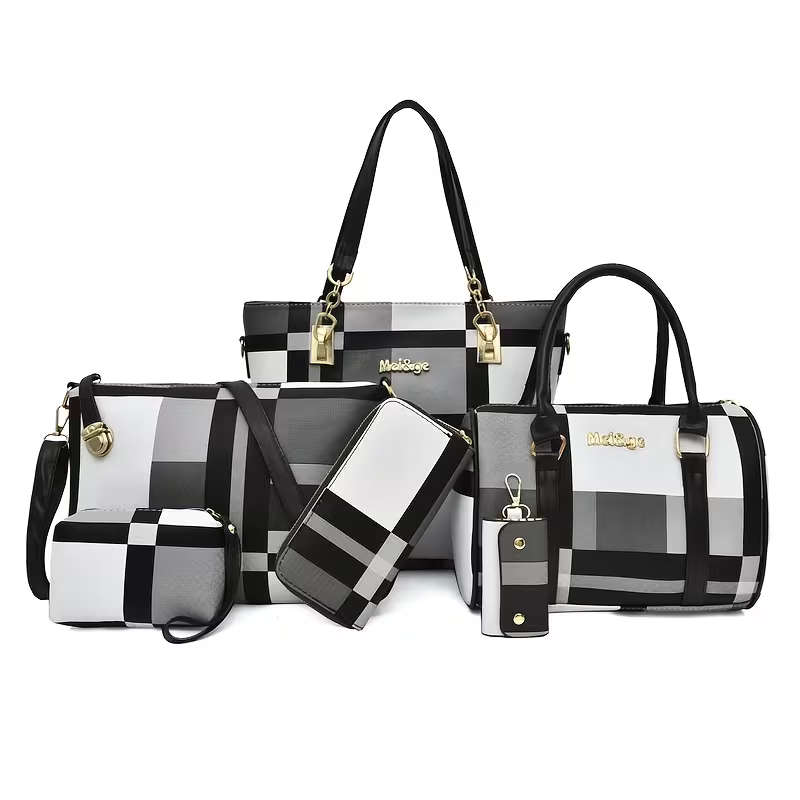 6Pcs Women Plaid Bag Set Tote Crossbody,Clutch Wallets