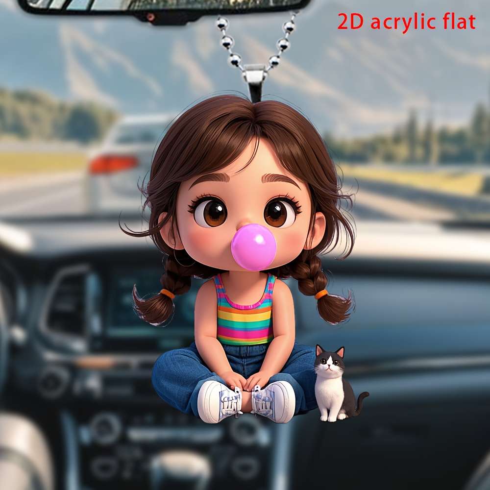 2D Flat a little girl blowing bubble gum hanging pendant
