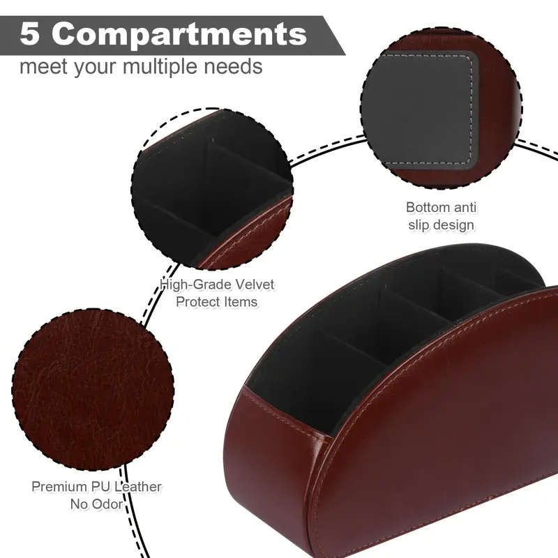 1pc Remote Control Holder with 5 Compartments PU Leather Remote Control Box for Desktop Storage Suit