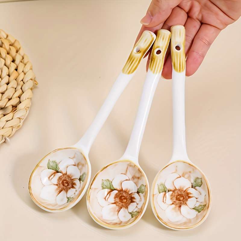 6pcs Elegant Long-Handle Ceramic Coffee Spoons with Floral Design Ideal for Serving Coffee T