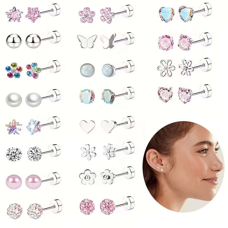 Lot x4 Pairs Anti-allergy Screw-back Studs Soft Cartilage Earrings -Ref 2