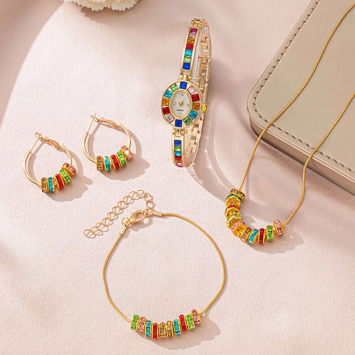 4pcs Set Women's Watch Rhinestone Necklace Earrings Bracelet Decoration Jewelry Set and Ladies' Uniq