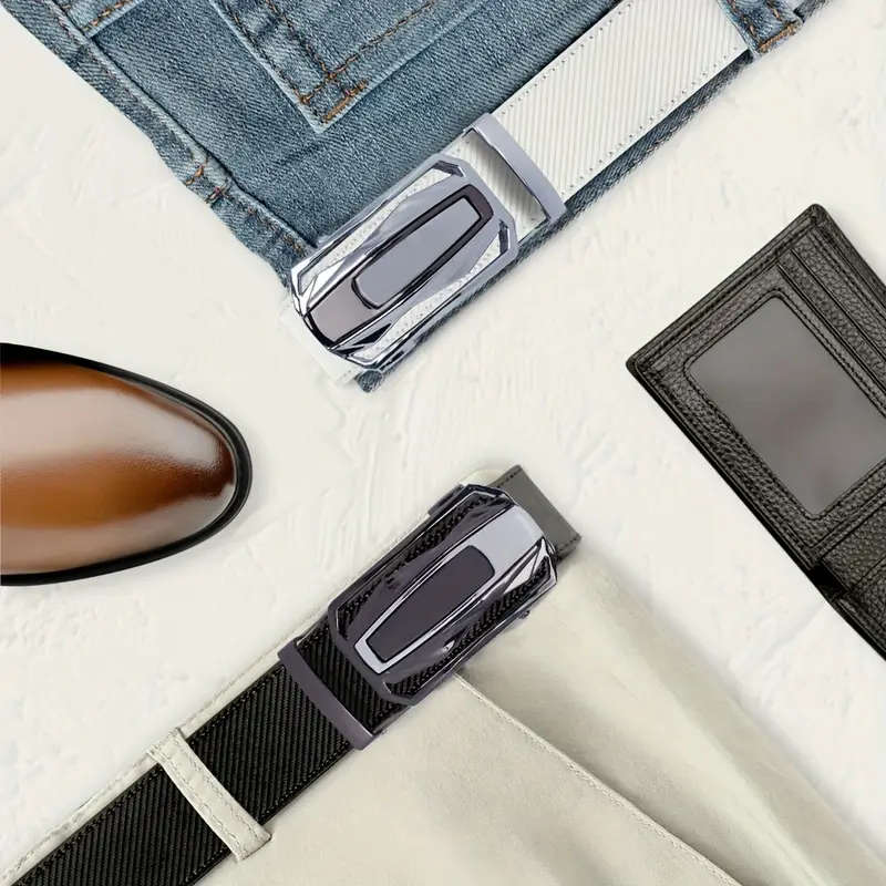 2 Men's Leather Automatic Buckle Belts Black+Blue 115CM