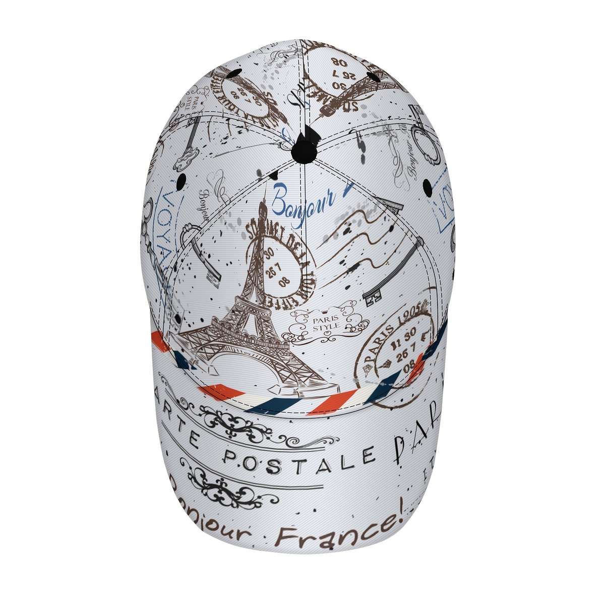 Lightweight Quick-Dry Baseball Cap with Eiffel Tower Postmark Design Sporty Polyester Runni