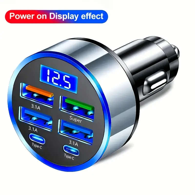 6 in 1 Car Charger with Digital Display 3.1A Multi-Function Fast Charge QC3.0 Compatible Car Plug