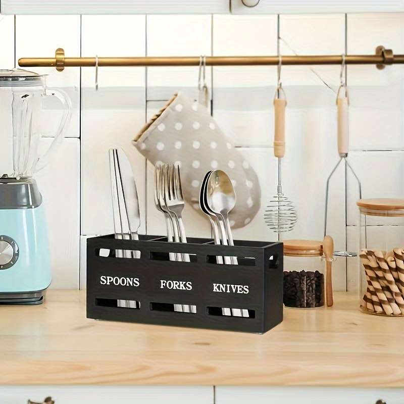 1pc Classic Wooden Kitchen Utensil Rack with Solid Iron Handle 3-Compartment Storage Basket for S