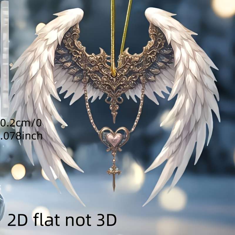 1pc 2D Flat  Elegant  Acrylic Angel Wings Pendant with Heart-Shaped Keychain Ethereal White G