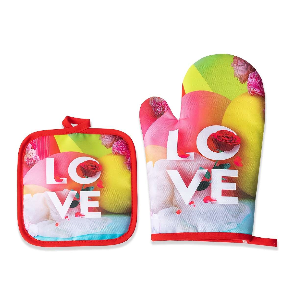 2pcs Valentine'S Day Kitchen Oven Gloves Set Polyester 100% Heat Resistant Baking Mitts Digit