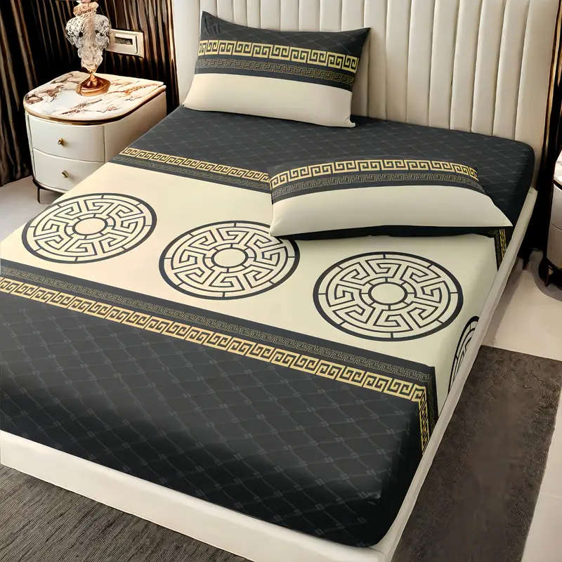 3-Piece Stylish Classic Dark Grey Gold Ring Fitted Sheet Set 200cm*220cm