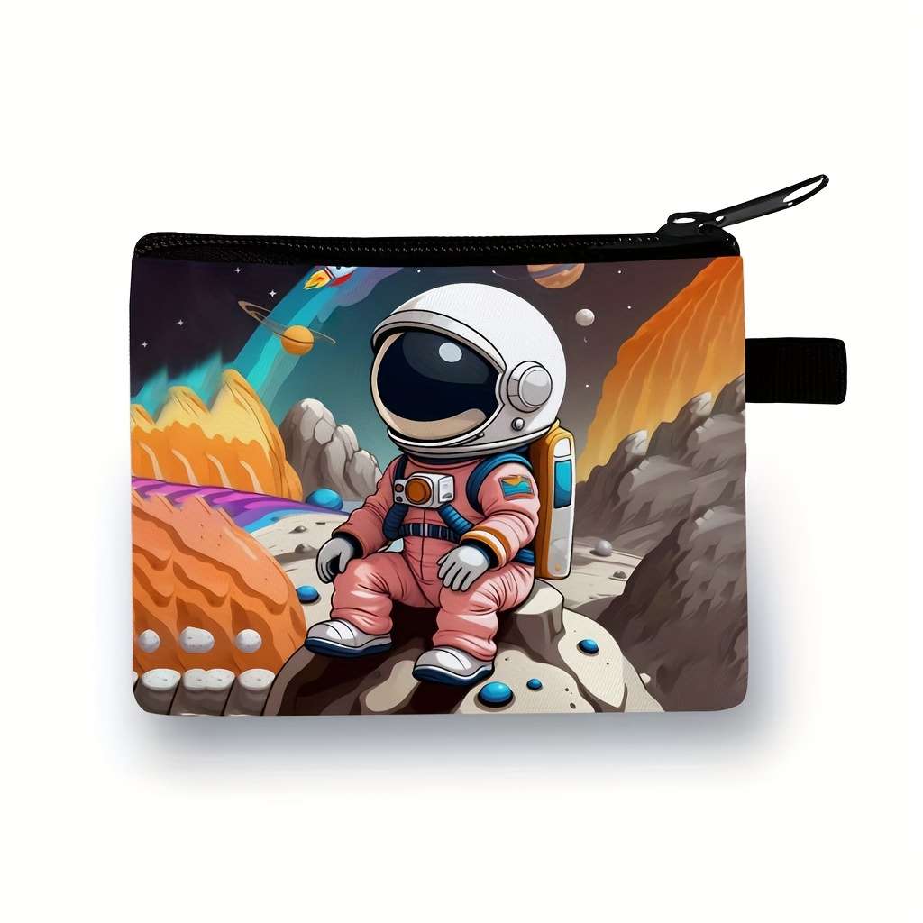 Women'S Casual Astronaut Space-Themed Coin Purse Durable Polyester Machine-Washable Zipper
