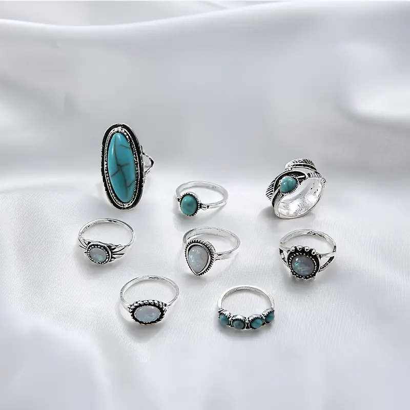 8pcs Vintage Boho Turquoise Mosaic Alloy Ring Set