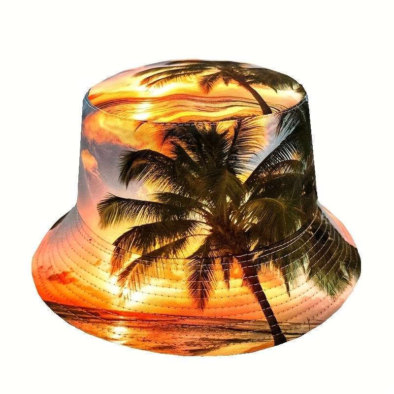 Tropical Sunset Beach Palm Tree Print Reversible Bucket Hat Lightweight Polyester Unisex Fish
