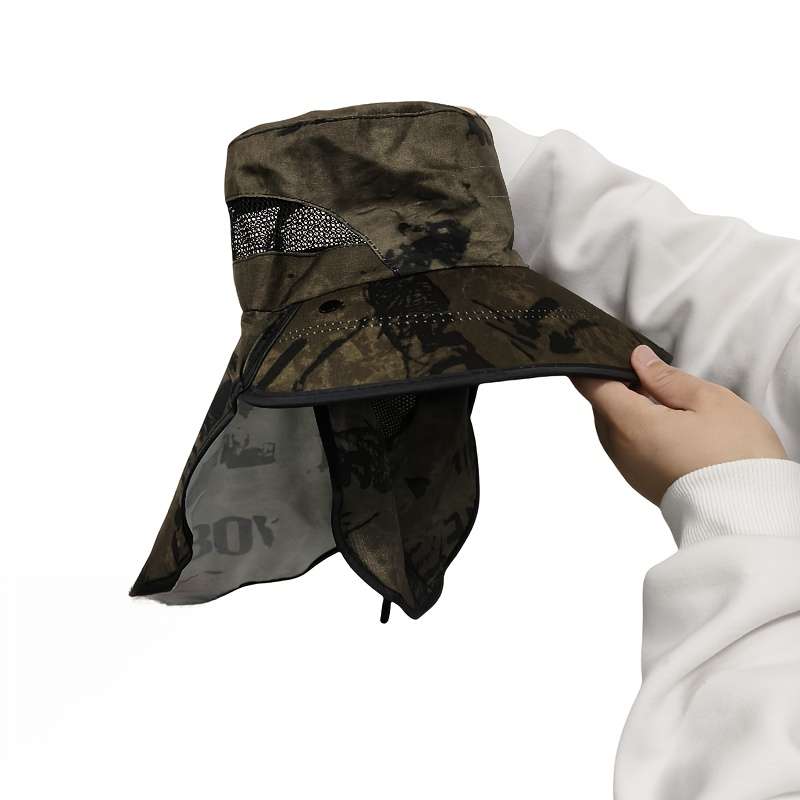 A Men'S Ink Print Full-Face Breathable Sun Hat With Neck Coverage A Removable Bucket Hat Suita