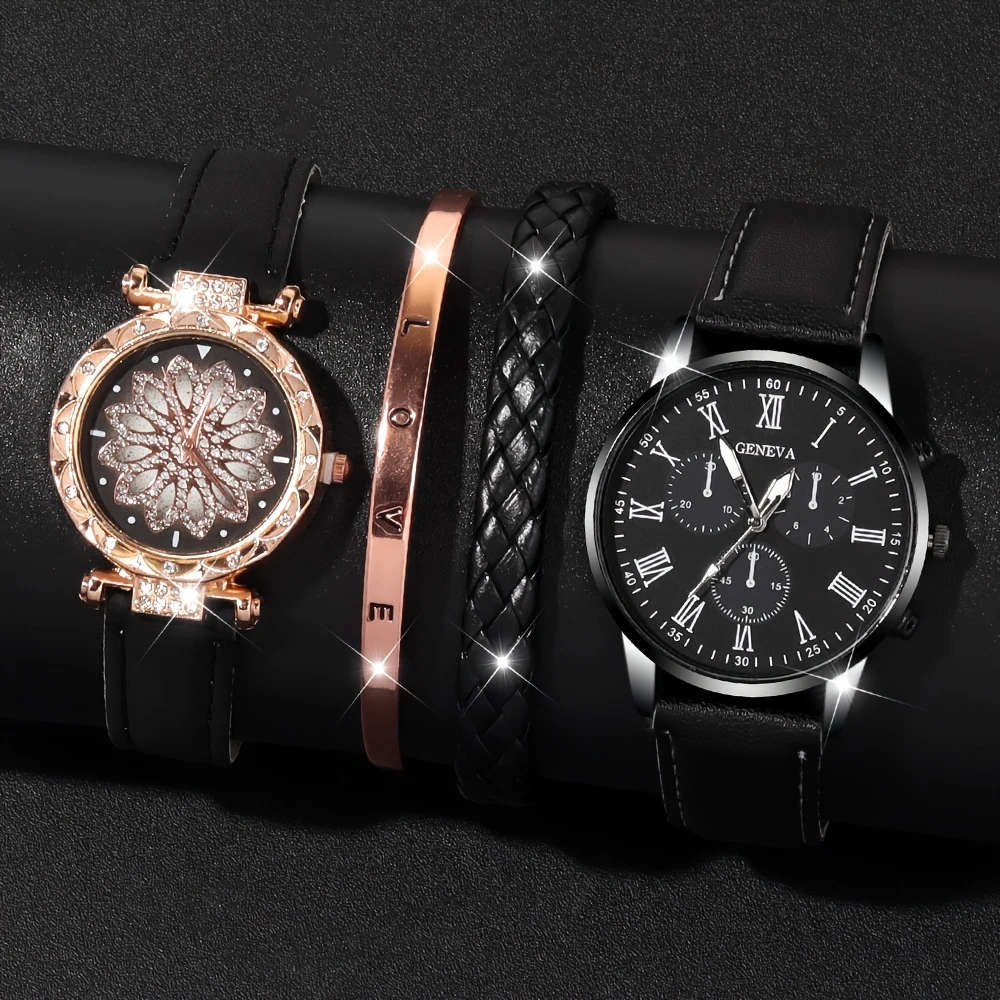 4pcs set Men and Women Couple Watch Casual Quartz Watch Bracelet Watch Set Color Sent Randomly