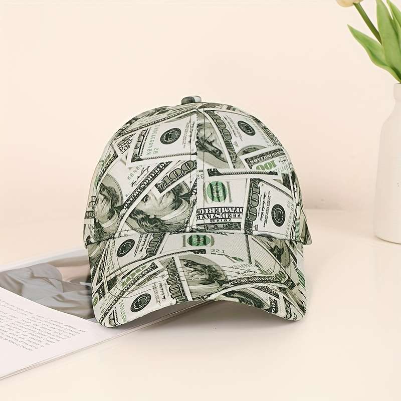Funky Money Print Baseball Cap 100% Polyester Lightweight Adjustable Hip-Hop Hat Unisex
