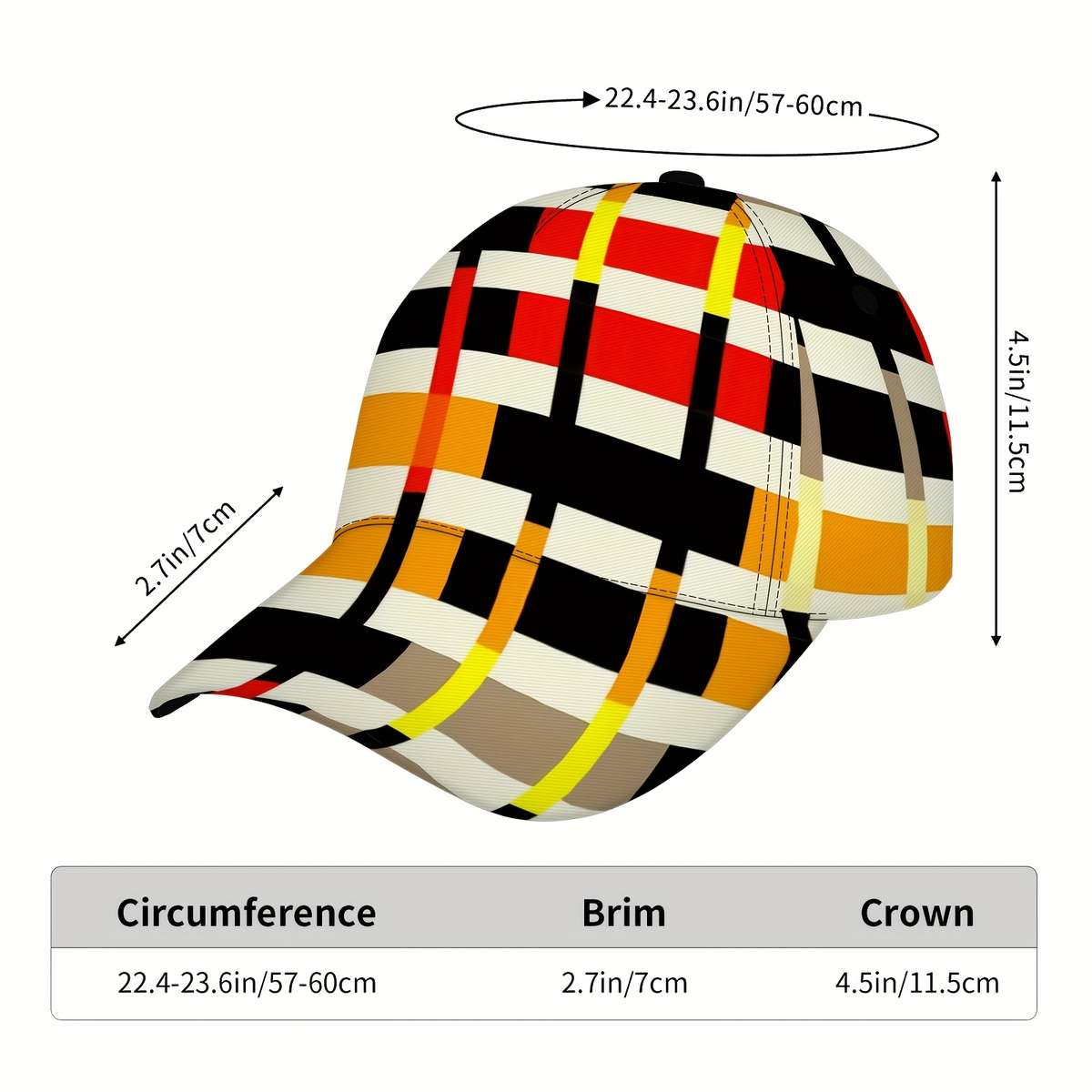 Geometric Plaid Pattern Baseball Cap 100% Polyester Adjustable Breathable Lightweight S